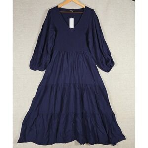 City Chic Athena Freya Navy Blue Smocked Balloon Sleeve Tiered Maxi Dress XS/14‎